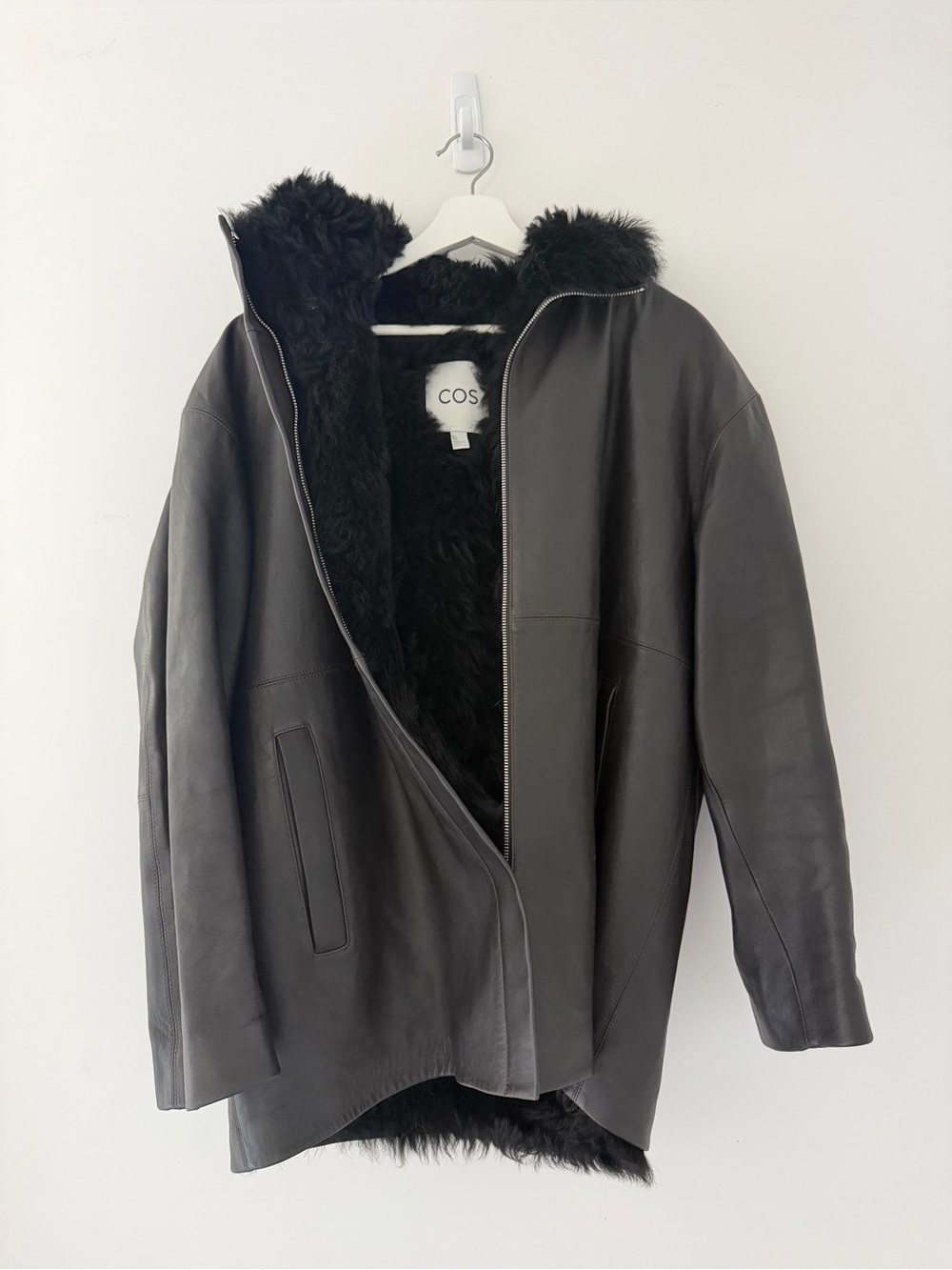 COS Black Leather Shearling-Trim Zip Jacket